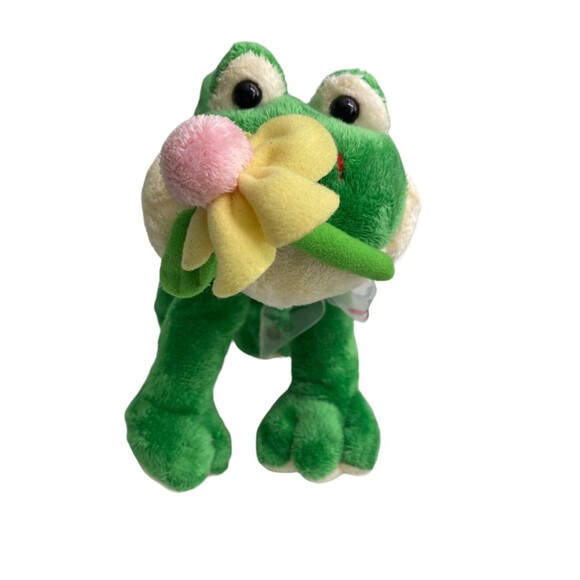 Fine Toy Frog Plush Stuffed Animal Green Holding Pink Yellow Flower Sheer Bow - Picture 6 of 15